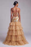 Gold Cut Out Strapless Tiered Ruffled Organza Sequins Long Ball Dress