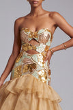 Gold Cut Out Strapless Tiered Ruffled Organza Sequins Long Ball Dress
