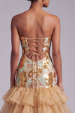 Gold Cut Out Strapless Tiered Ruffled Organza Sequins Long Ball Dress