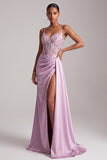 Light Purple Mermaid Floral Appliques Corset Ruched Satin Long Ball Dress with Slit