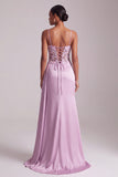 Light Purple Mermaid Floral Appliques Corset Ruched Satin Long Ball Dress with Slit