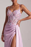 Light Purple Mermaid Floral Appliques Corset Ruched Satin Long Ball Dress with Slit
