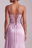 Light Purple Mermaid Floral Appliques Corset Ruched Satin Long Ball Dress with Slit