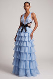 Light Blue V-Neck Floral Appliques Chiffon Tiered Ruffled Tulle Long Ball Dress with Bow