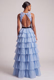Light Blue V-Neck Floral Appliques Chiffon Tiered Ruffled Tulle Long Ball Dress with Bow