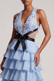 Light Blue V-Neck Floral Appliques Chiffon Tiered Ruffled Tulle Long Ball Dress with Bow