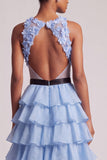 Light Blue V-Neck Floral Appliques Chiffon Tiered Ruffled Tulle Long Ball Dress with Bow