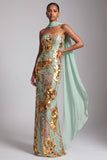 Strapless Gold Sheath Sequins Long Ball Dress with Chiffon Draping