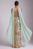 Strapless Gold Sheath Sequins Long Ball Dress with Chiffon Draping