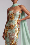 Strapless Gold Sheath Sequins Long Ball Dress with Chiffon Draping