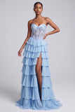 Light Blue A-Line Satin Corset Sheer Chiffon Tiered Ruffled Long Ball Dress with Slit