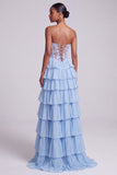 Light Blue A-Line Satin Corset Sheer Chiffon Tiered Ruffled Long Ball Dress with Slit