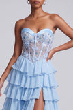 Light Blue A-Line Satin Corset Sheer Chiffon Tiered Ruffled Long Ball Dress with Slit