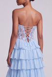 Light Blue A-Line Satin Corset Sheer Chiffon Tiered Ruffled Long Ball Dress with Slit