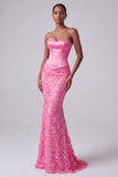 Hot Pink Mermaid Satin Sequins Rhinestone Strapless Long Ball Dress