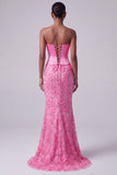 Hot Pink Mermaid Satin Sequins Rhinestone Strapless Long Ball Dress