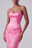 Hot Pink Mermaid Satin Sequins Rhinestone Strapless Long Ball Dress