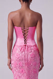 Hot Pink Mermaid Satin Sequins Rhinestone Strapless Long Ball Dress