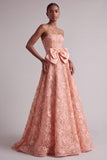 Peach Strapless Floral Embroidery Sequins A-Line Long Ball Dress with Satin Bow
