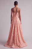 Peach Strapless Floral Embroidery Sequins A-Line Long Ball Dress with Satin Bow