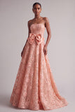Peach Strapless Floral Embroidery Sequins A-Line Long Ball Dress with Satin Bow
