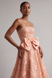 Peach Strapless Floral Embroidery Sequins A-Line Long Ball Dress with Satin Bow
