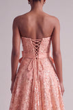 Peach Strapless Floral Embroidery Sequins A-Line Long Ball Dress with Satin Bow