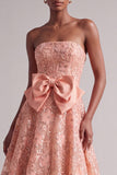 Peach Strapless Floral Embroidery Sequins A-Line Long Ball Dress with Satin Bow