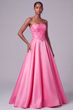 Hot Pink Strapless Satin Floral Embroidery Sequins A-Line Long Ball Dress