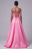 Hot Pink Strapless Satin Floral Embroidery Sequins A-Line Long Ball Dress