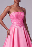Hot Pink Strapless Satin Floral Embroidery Sequins A-Line Long Ball Dress