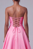 Hot Pink Strapless Satin Floral Embroidery Sequins A-Line Long Ball Dress