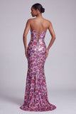 Fuchsia Sheer Mesh Strapless Sequins Floral Mermaid Long Ball Dress with Sweep Train