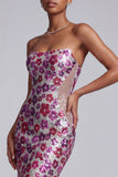 Fuchsia Sheer Mesh Strapless Sequins Floral Mermaid Long Ball Dress with Sweep Train