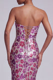 Fuchsia Sheer Mesh Strapless Sequins Floral Mermaid Long Ball Dress with Sweep Train