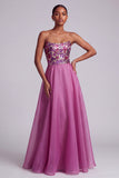 Fuchsia Sequins Floral Strapless A-Line Chiffon Long Ball Dress