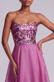 Fuchsia Sequins Floral Strapless A-Line Chiffon Long Ball Dress