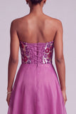 Fuchsia Sequins Floral Strapless A-Line Chiffon Long Ball Dress