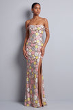 Pink Floral Sequins Mermaid Slit Long Ball Dress with Rhinestone Straps