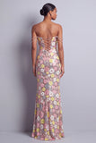 Pink Floral Sequins Mermaid Slit Long Ball Dress with Rhinestone Straps