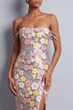 Pink Floral Sequins Mermaid Slit Long Ball Dress with Rhinestone Straps