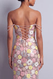 Pink Floral Sequins Mermaid Slit Long Ball Dress with Rhinestone Straps