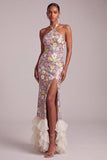 Pink Halter Sequins Sheath Organza Tiered Ruffled Long Ball Dress with Side Slit