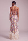 Pink Halter Sequins Sheath Organza Tiered Ruffled Long Ball Dress with Side Slit