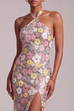 Pink Halter Sequins Sheath Organza Tiered Ruffled Long Ball Dress with Side Slit