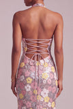 Pink Halter Sequins Sheath Organza Tiered Ruffled Long Ball Dress with Side Slit