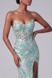 Dusty Blue Corset Sheer V-Neck Floral Sequins Embroidery Mermaid Long Ball Dress with Slit