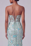 Dusty Blue Corset Sheer V-Neck Floral Sequins Embroidery Mermaid Long Ball Dress with Slit