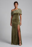 Olive Sheath Asymmetrical One Shoulder Velvet Maxi Mother of the Bride Dress with 3D Flower