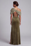 Olive Sheath Asymmetrical One Shoulder Velvet Maxi Mother of the Bride Dress with 3D Flower